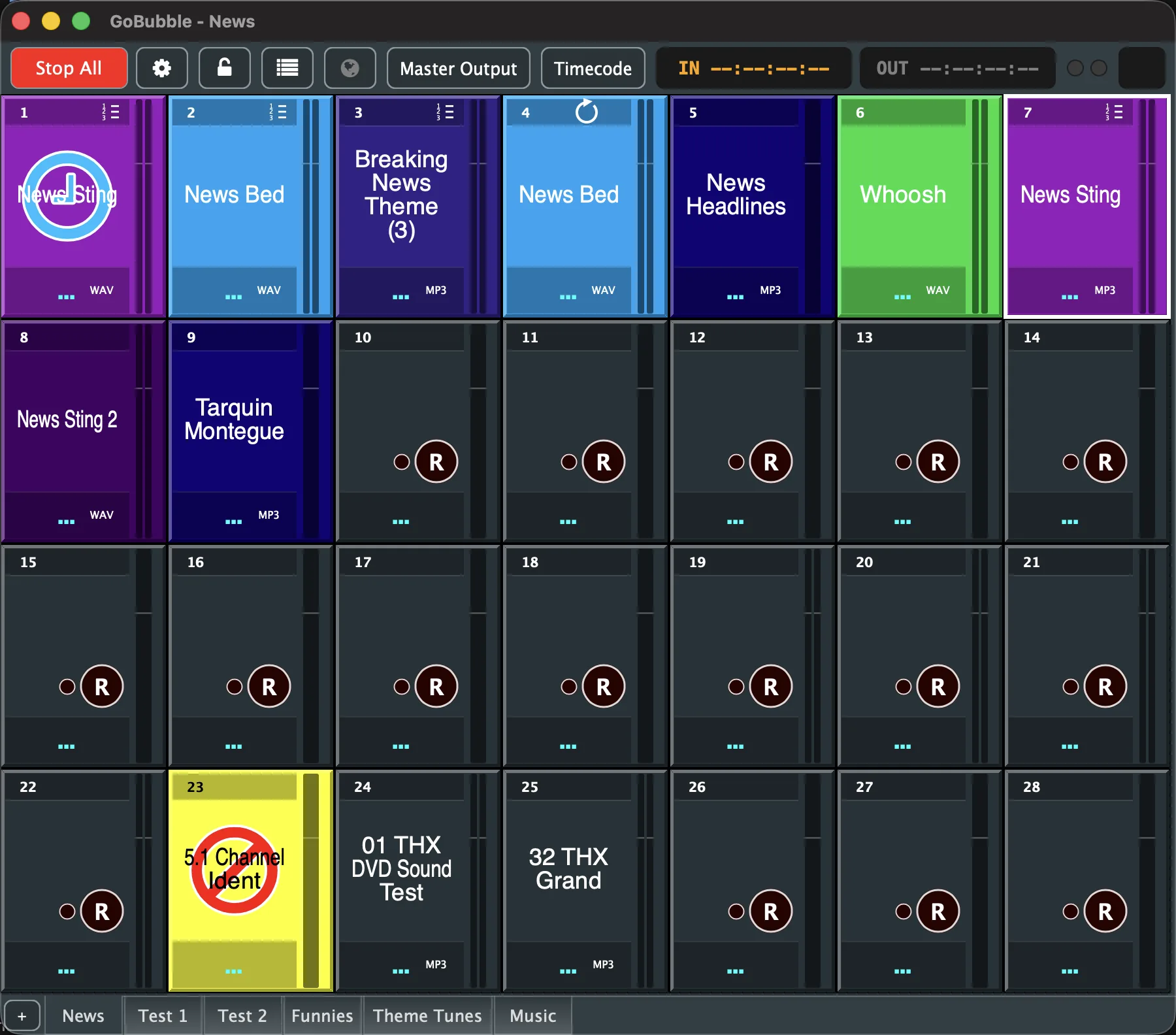 GoBubble's main window: a toolbar, a grid of coloured pads, and page tabs along the bottom