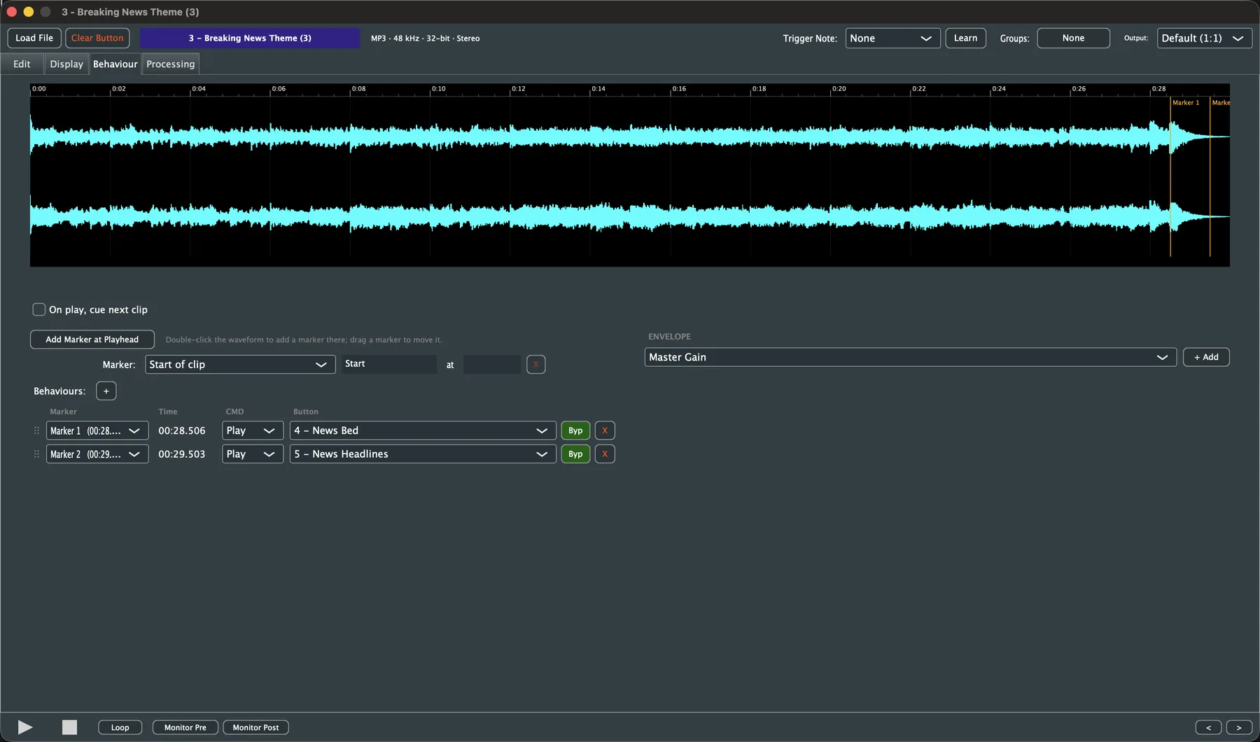 The Behaviour tab: named markers on a waveform driving a table of Play/Stop commands, plus a parameter envelope panel