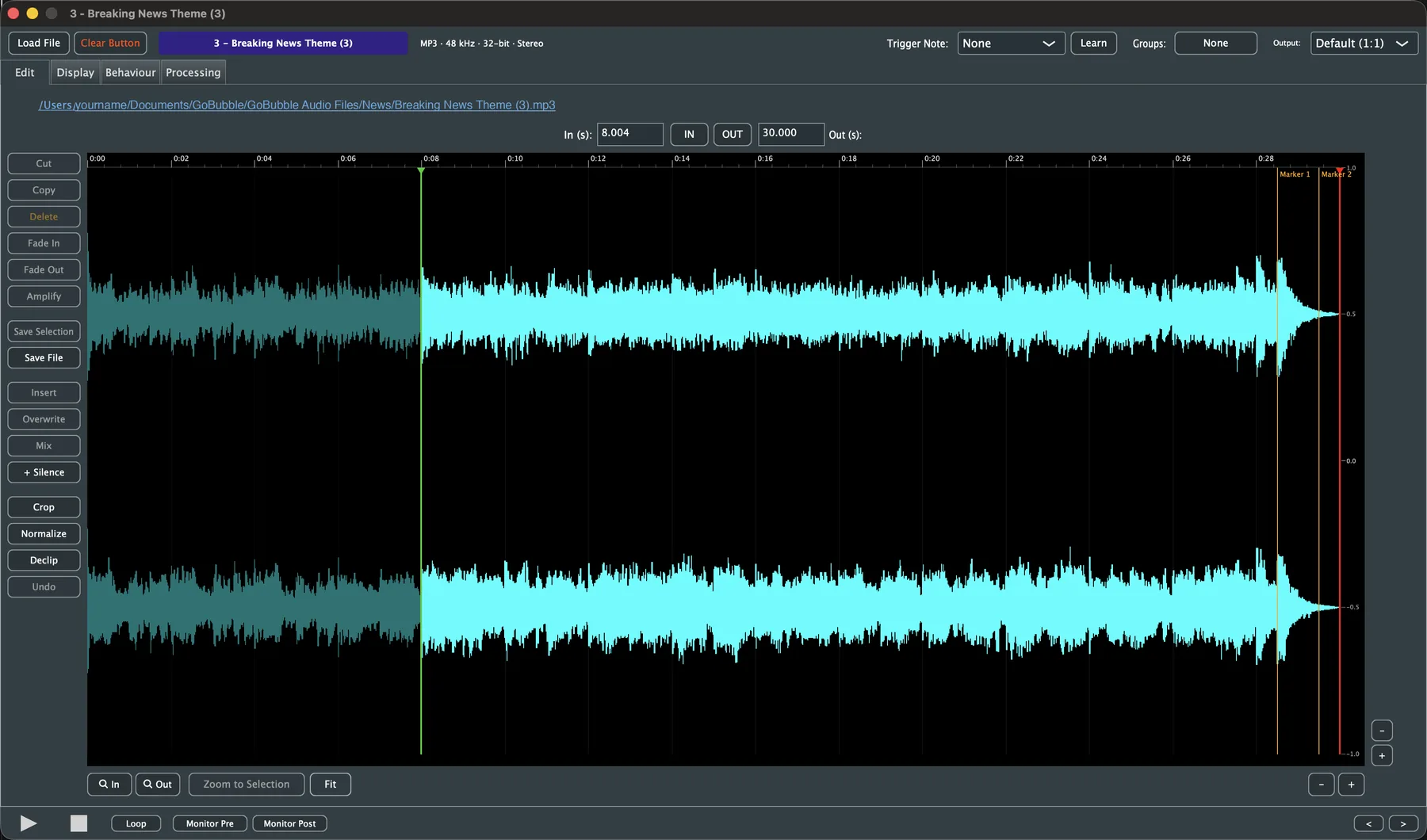 The Edit tab: a full waveform view with IN/OUT markers, cut/copy/insert tools and zoom controls