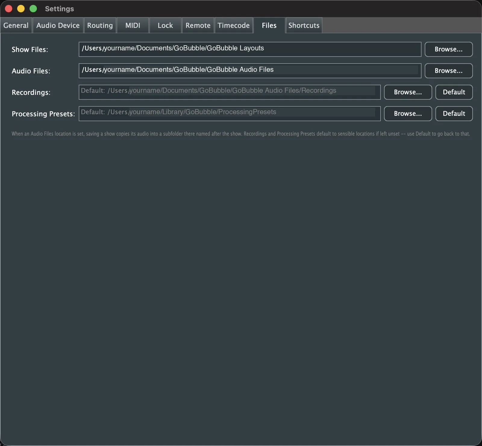 The Files settings tab: configurable locations for show files, audio files, recordings and processing presets