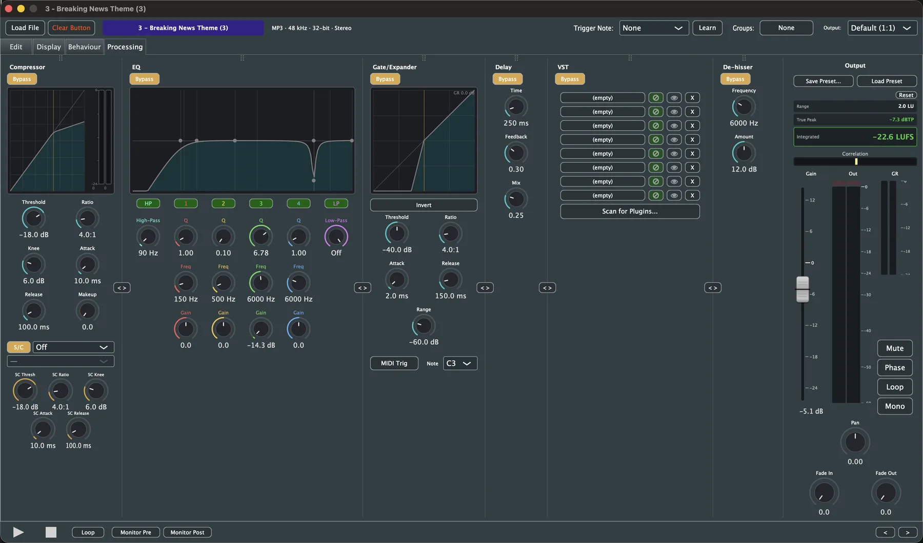 The Processing tab: Compressor, EQ, Gate/Expander, Delay and VST sections feeding an output strip